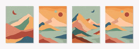 Set of creative abstract mountain landscape and mountain range backgrounds. Mid century modern vector illustrations with hand drawn mountains, sea or desert, sky, sun, moon.のイラスト素材
