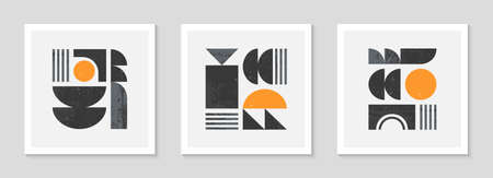 Set of bstract bauhaus geometric pattern backgrounds.Trendy minimalist geometric design with simple shapes and elements.Mid century modern artistic vector illustration.Futuristic wall art decor.のイラスト素材