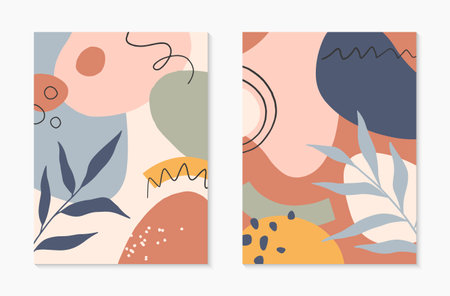 Set of mid century modern abstract vector illustrations with organic shapes and leaves.Minimalistic art prints.Trendy artistic designs perfect for banners; social media, invitations; branding, coversのイラスト素材