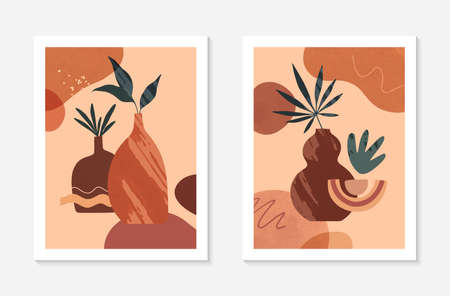 Set of modern abstract vector illustrations with vases, organic various shapes and leaves. Boho watercolor wall art decor. Trendy artistic designs perfect for banners; social media, covers, wallpaper.のイラスト素材