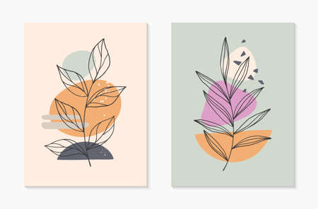 Set of modern abstract vector illustrations with organic various shapes and foliage line art.Minimalist wall art decor.Trendy artistic designs for banners; social media, invitations, covers, wallpaper.のイラスト素材