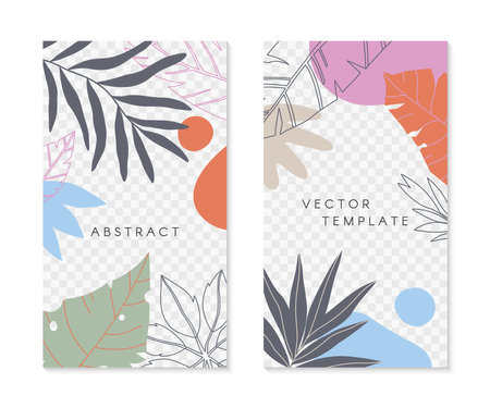 Set of editable social media story templates with tropical palm leaves.Summer vector layouts with copy space for text.Bright vibrant banners.Trendy designs for social media marketing, digital post, prints.のイラスト素材
