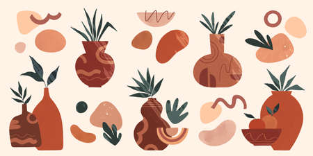 Bundle of modern ethnic vases with ornament and leaves, organic various shapes and elements. Boho watercolor decoration set. Trendy abstract designs. Vector illustrations.のイラスト素材