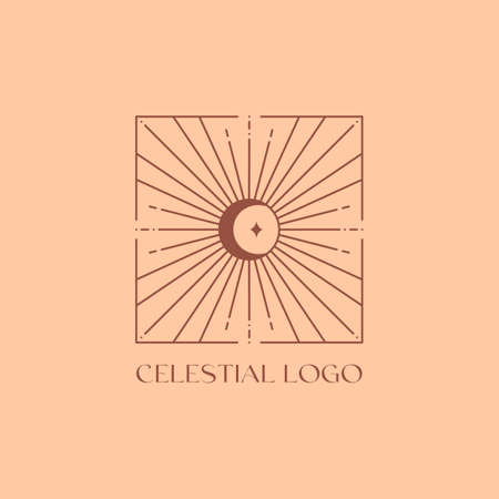 Vector bohemian logo design template with sun, moon and sunburst. Boho linear icon or symbol in trendy minimalist style.Modern celestial emblem.Branding design template.のイラスト素材