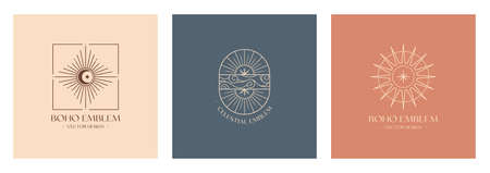 Vector linear boho emblems. Bohemian logos design with cloudy sky, guiding star, crescent moon, sun and sunburst.のイラスト素材