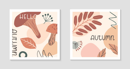 Set of autumn abstract decorative prints with organic various shapes, foliage, mushrooms and lettering - hello autumn.Moderm seasonal design.Universal artistic banners.Trendy fall vector illustrations.のイラスト素材