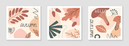 Set of autumn abstract decorative prints with organic various shapes, foliage, mushrooms and...