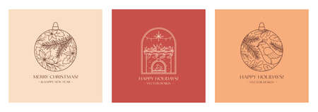 Xmas linear emblems with decorated fireplace and decorative baubles.Vector Christmas and New Year festive labels with traditional winter holiday symbols.Holiday celebration concepts.のイラスト素材