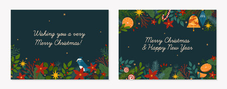 Christmas and Happy New Year decorative greeting banners.Festive vector layouts with hand drawn traditional winter holiday symbols.Xmas trendy designs for banners, invitations, prints, social mediaのイラスト素材