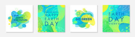 Set of Earth Day posters with green gradient backgrounds,liquid shapes,linear leaves and geometric...