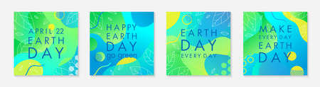 Set of Earth Day posters with green gradient backgrounds,liquid shapes,linear leaves and geometric...