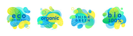 Set of bio,eco,organic,natural stickers,patches,logos with green gradient shapes.Fluid compositions for Earth Day,zero waste,prints,labels,flyers,banners design.Eco friendly lifestyle concepts.のイラスト素材