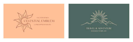 Vector travel and celestial logo design with mountain landscape,sun.Boho linear icons or symbols in trendy minimalist style.Modern hike,camp or glamping resort label.Branding design,website banner,social media templates.のイラスト素材