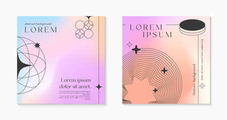 Vector mesh gradient backgrounds with wireframe geometric shapes and copy space for text.Abstract illustrations in y2k aesthetic.Pastel colors.Trendy minimalist designs for banners,social media,covers.のイラスト素材