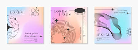 Vector mesh gradient backgrounds with wireframe geometric shapes,copy space for text.Abstract illustrations in y2k aesthetic.Pastel colors.Trendy minimalist designs for banners,social media,covers.のイラスト素材