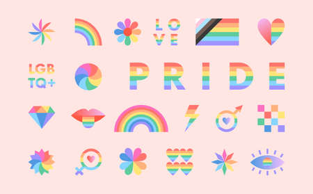 Pride month signs or symbols represents LGBTQ+ community.Vector lgbt emblems set in rainbow colors.Flag,gender signs,hearts.Human rights movement concept.Gay parade.Colorful stickers or patches.のイラスト素材