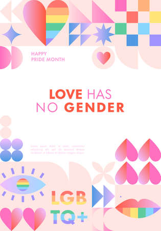 Pride month banner template.LGBTQ+ community vector illustration in bauhaus style with geometric elements and rainbow lgbt symbols.Human rights movement concept.Gay parade.Colorful cover design.のイラスト素材
