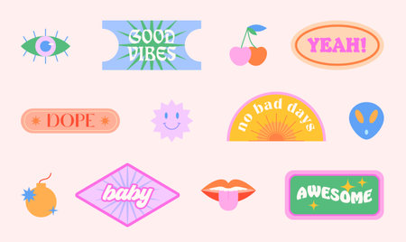 Vector set of colorful fun patches and stickers in 90s style. Modern icons or symbols in y2k aesthetic with text.のイラスト素材