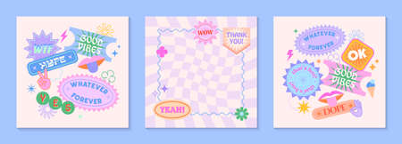 Vector set of cute funny templates with patches and stickers in 90s style.Modern symbols in y2k aesthetic with text.Trendy kidcore designs for banners,social media marketing,branding,packaging,coversのイラスト素材