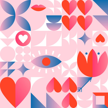 Valentines Day seamless pattern template.Romantic vector wallpaper in bauhaus style with geometric elements and symbols.Modern trendy design for prints,banners,fabric,invitations,branding,covers.のイラスト素材