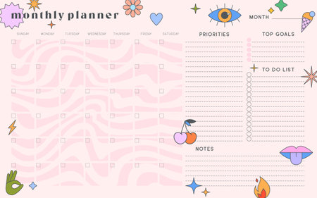 Vector monthly planner template with y2k patches,icons and emblems.Organizer and schedule with place for goals,to do list,priorities,notes.Trendy layout in 90s groovy aesthetic.Abstract modern design.のイラスト素材