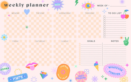 Vector weekly planner template with y2k patches,icons and emblems.Organizer and schedule with place for notes,goals and to do list.Trendy layout in 90s groovy aesthetic.Abstract modern design.のイラスト素材