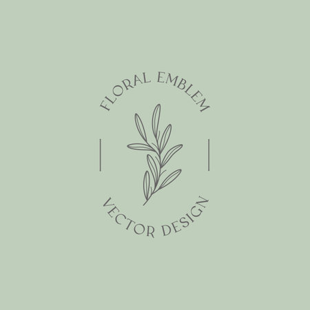 Vector feminine floral emblem. Elegant logo design with linear branch.Modern botanical badge in trendy minimalist style.Branding design template.のイラスト素材