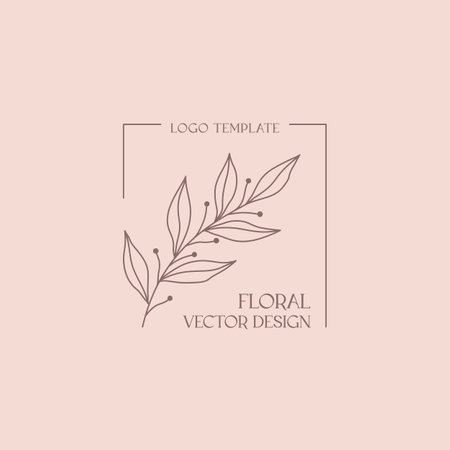 Vector feminine floral emblem. Elegant logo design with linear branch and frame.Modern botanical badge in trendy minimalist style.Branding design template.のイラスト素材