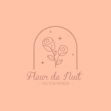 Vector feminine floral emblem. Elegant logo design with linear flowers.Modern botanical badge in trendy minimalist style.Branding design template.Letters with Fleur de Nuit means night flowerのイラスト素材