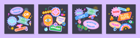Vector set of cute funny templates with patches and stickers in 90s style.Modern symbols in y2k aesthetic with text.Trendy acid designs for banners,social media marketing,branding,packaging,coversのイラスト素材