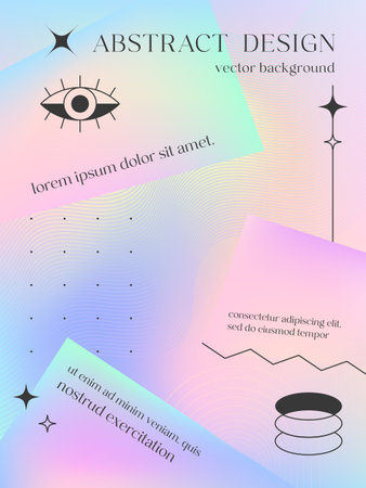 Vector mesh gradient background with outline Y2K elements and futuristic shapes.Abstract iridescent illustration in y2k aesthetic.Pastel colors.Trendy minimalist design for banners,social media,covers.のイラスト素材