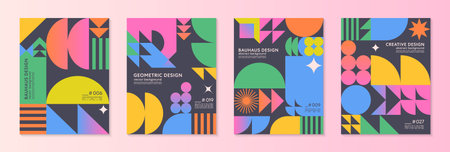 Abstract bauhaus geometric pattern backgrounds with copy space for text.Trendy minimalist geometric designs with simple shapes and elements.Modern artistic vector illustrations.Covers templatesのイラスト素材