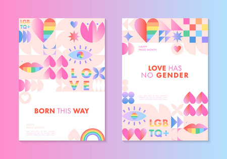 Pride month posters templates.LGBTQ+ community vector illustrations in bauhaus style with geometric elements and rainbow lgbt symbols.Human rights movement concept.Gay parade.Colorful cover designs.のイラスト素材