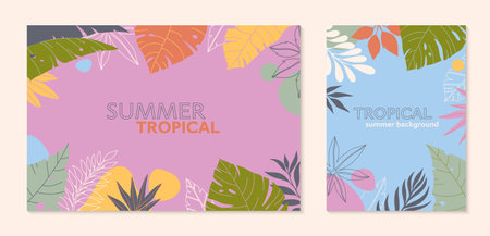 Summer vector illustrations in trendy flat style with copy space for text.Abstract backgrounds with tropical leaves,plants.Tropical banners for social media,posters,prints.Cover design templates.のイラスト素材