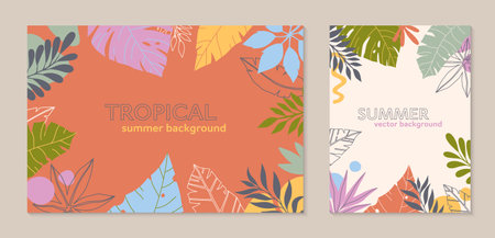Summer vector illustrations in trendy flat style with copy space for text.Abstract backgrounds with tropical leaves,plants.Tropical banners for social media,posters,prints.Cover design templates.のイラスト素材