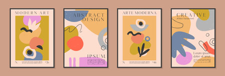 Art modern vector posters with hand drawn organic shapes,textures and doodles.Trendy contemporary illustrations for prints,flyers,banners,invitations,branding design,covers,home decorのイラスト素材