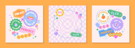 Vector templates with patches and stickers in 90s style.Modern emblems in y2k aesthetic with chess backgrounds.Trendy funky designs for banners,social media marketing,branding,packaging,coversのイラスト素材