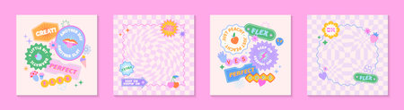 Vector templates with patches and stickers in 90s style.Modern emblems in y2k aesthetic with chess backgrounds.Trendy funky designs for banners,social media marketing,branding,packaging,coversのイラスト素材