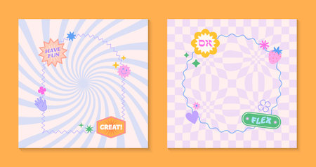Vector templates with patches and stickers in 90s style.Modern emblems in y2k aesthetic with chess and wavy backgrounds.Funky designs for banners,social media marketing,branding,packaging,coversのイラスト素材
