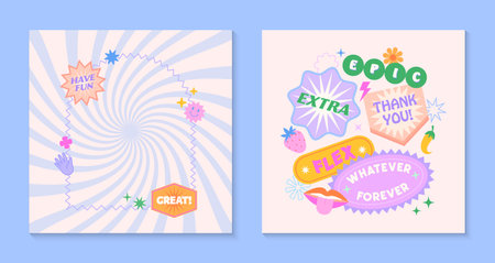 Vector templates with patches and stickers in 90s style.Modern emblems in y2k aesthetic with spiral background.Trendy funky designs for banners,social media marketing,branding,packaging,coversのイラスト素材