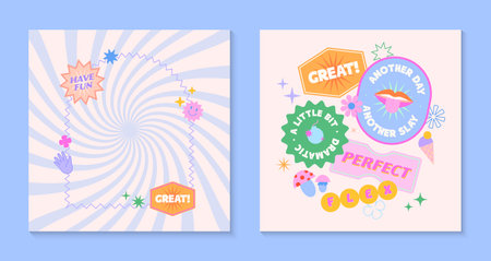 Vector templates with patches and stickers in 90s style.Modern emblems in y2k aesthetic with spiral background.Trendy funky designs for banners,social media marketing,branding,packaging,coversのイラスト素材