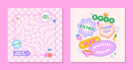 Vector templates with patches and stickers in 90s style.Modern emblems in y2k aesthetic with chess background.Trendy funky designs for banners,social media marketing,branding,packaging,coversのイラスト素材