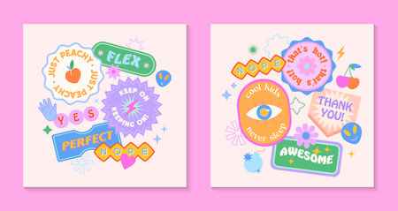 Vector set of cute templates with patches and stickers in 90s style.Modern symbols in y2k aesthetic with text.Trendy funky designs for banners,social media marketing,branding,packaging,coversのイラスト素材