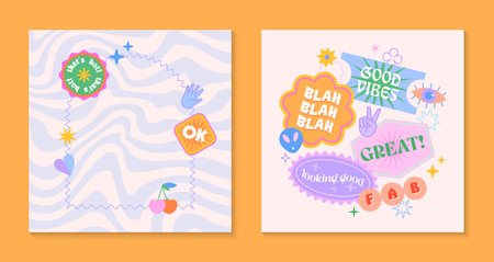 Vector templates with patches and stickers in 90s style.Modern emblems in y2k aesthetic with wavy background.Trendy funky designs for banners,social media marketing,branding,packaging,coversのイラスト素材