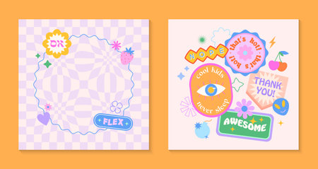 Vector templates with patches and stickers in 90s style.Modern emblems in y2k aesthetic with chess background.Trendy funky designs for banners,social media marketing,branding,packaging,coversのイラスト素材
