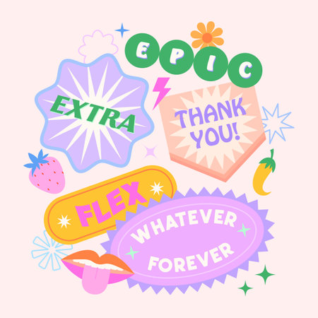 Vector set of cute template with patches and stickers in 90s style.Modern symbols in y2k aesthetic with text.Trendy funky design for banners,social media marketing,branding,packaging,coversのイラスト素材