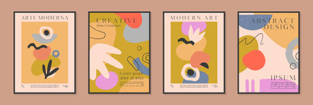 Art modern vector posters with hand drawn organic shapes,textures and doodles.Trendy contemporary illustrations for prints,flyers,banners,invitations,branding design,covers,home decorのイラスト素材