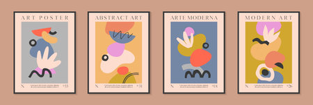 Art modern vector posters with hand drawn organic shapes,textures and doodles.Trendy contemporary illustrations for prints,flyers,banners,invitations,branding design,covers,home decorのイラスト素材