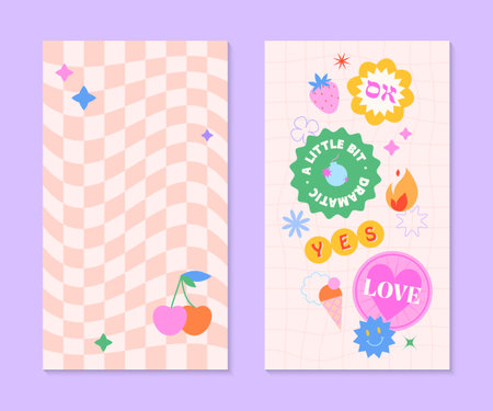 Vector insta story templates with patches and stickers in 90s style.Smm banners in y2k aesthetic with chess background.Psychedelic funky designs for social media marketing,branding,packagingのイラスト素材
