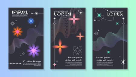 Vector insta story cosmic templates with linear shapes,blurred sparkles in 90s style.Smm banners in y2k aesthetic.Futuristic designs for social media marketing,branding,packagingのイラスト素材